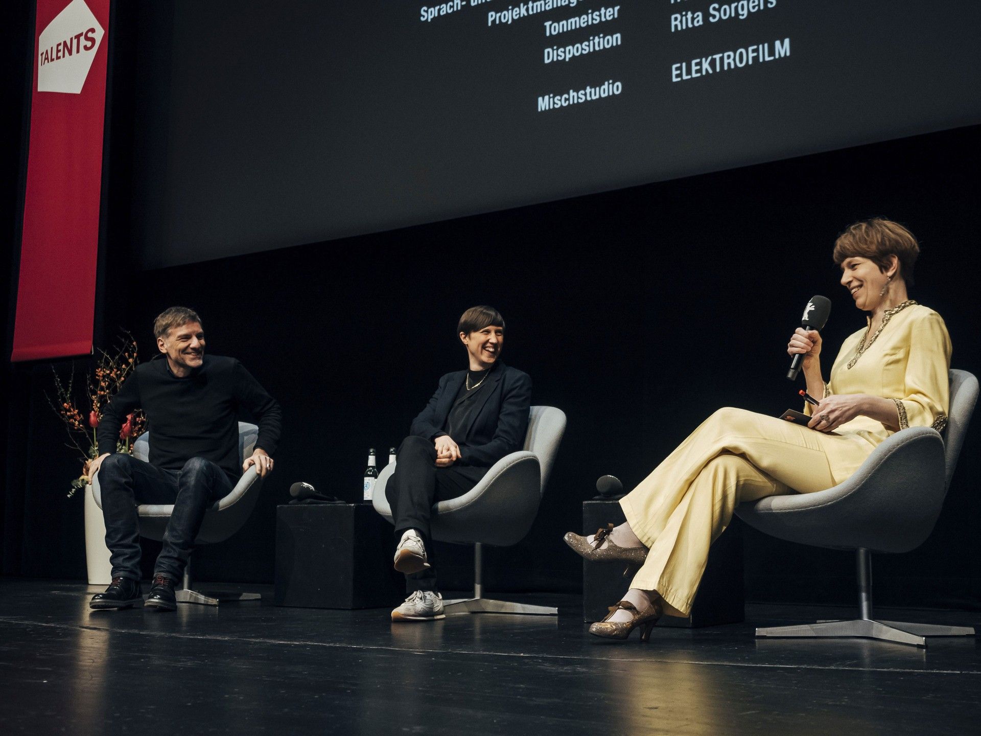 Evelyn on the Berlinale Talents stage with Hansjörg Weißbrich & Jenni Zylka