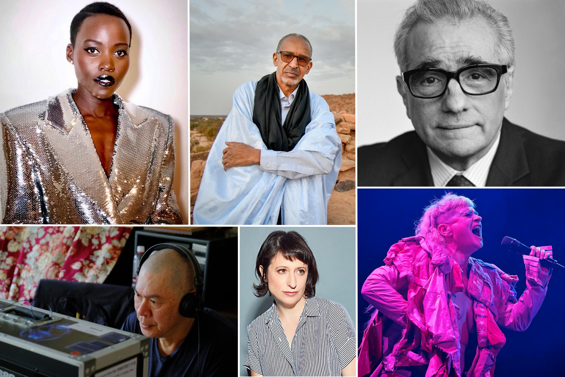 Clockwise from top left: Lupita Nyong\'o © Nick Barose, Abderrahmane Sissako © Chevié Link, Martin Scorsese © Brigitte Lacombe, Peaches © Avanti Media Fiction, Eliza Hittman © Victoria Stevens, Tsai Ming-liang © Claude Wang.