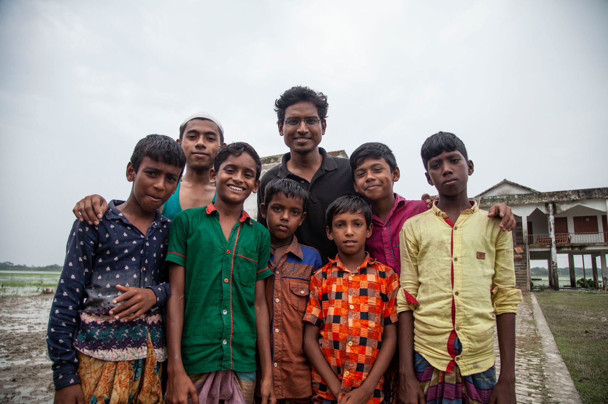 Filmmaker Sumit (centre back) with the local children who also starred in the film.